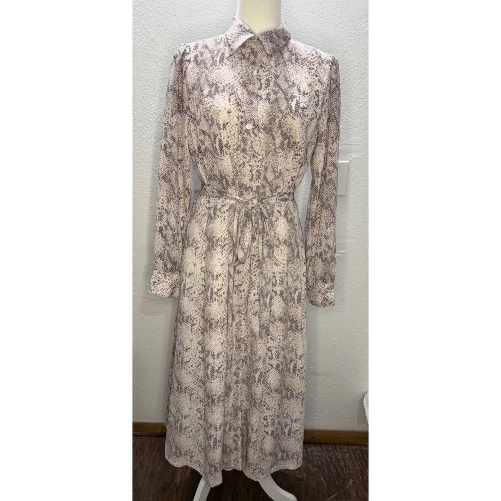 Loft Womens 10 Snakeskin Print Midi Shirt Dress Grey White Long Sleeve NWT